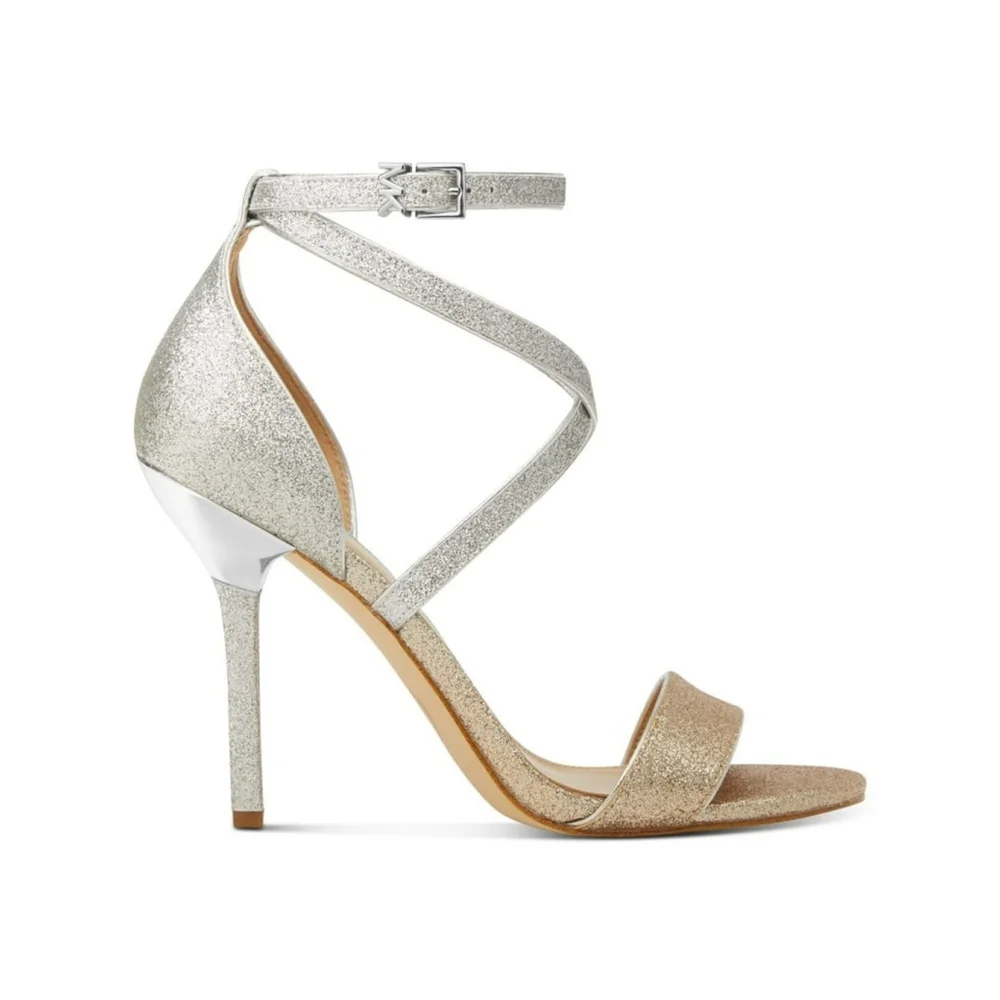 MICHAEL KORS Silver Gold Glitter Ankle Strap Stiletto Heel Sandals 8.5 M